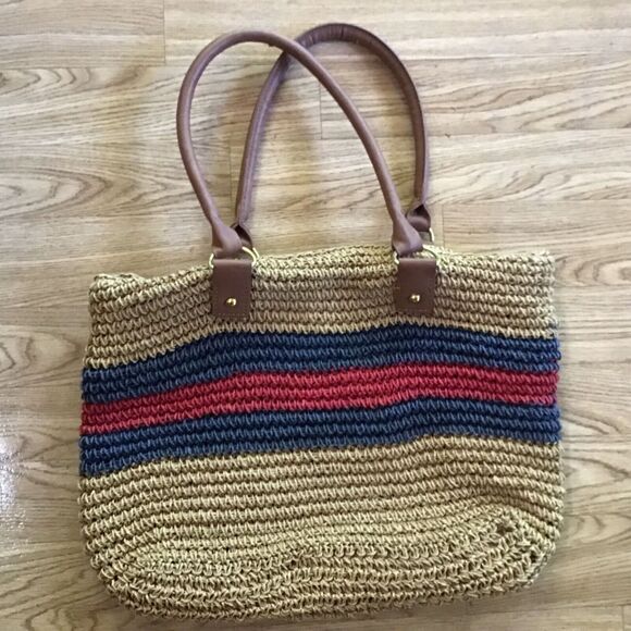Tommy Hilfiger Handbag Beige Stripes Crochet Interior Pocket VSCO Vintage - Picture 2 of 6